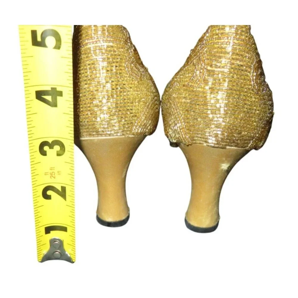Valerie Stevens Veronica Gold Beaded Leather Kitten Heel Closed Toe Pumps